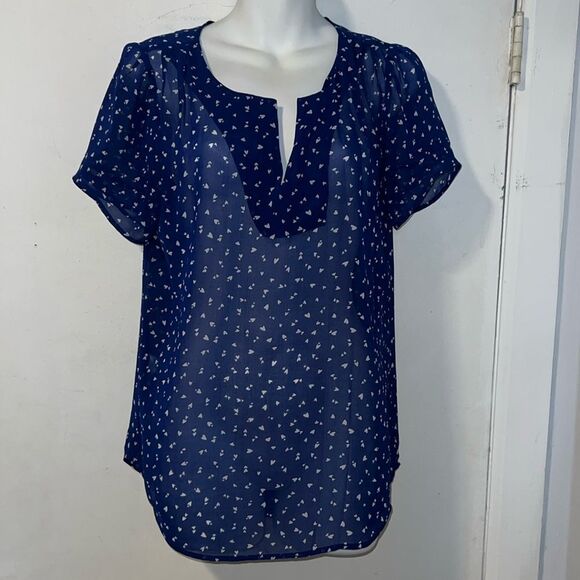DANIEL RAINN Navy Blue With White Hearts Lightweight Short Sleeve Blouse-S - Picture 1 of 9